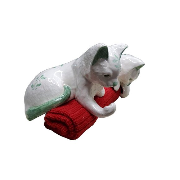 vintage ceramic cat shelf sitter pair, white with mint green, handpainted, from - Picture 11 of 11